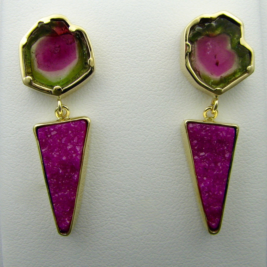 Watermelon Tourmaline & Cobalto Calcite earrings in 14k gold,Custom,custom jewelry designer,custom jewelry design, Handmade jewelry, handcrafted, fine jewelry designs, designer goldsmiths, unique jewelry designs, northwest jewelry, northwest jewelry designers, pacific northwest jewelry,